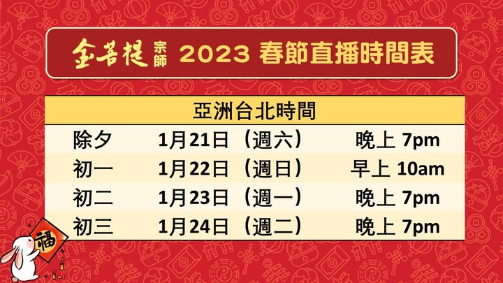 【2023新春直播時間表】 (金菩提宗師 Facebook)