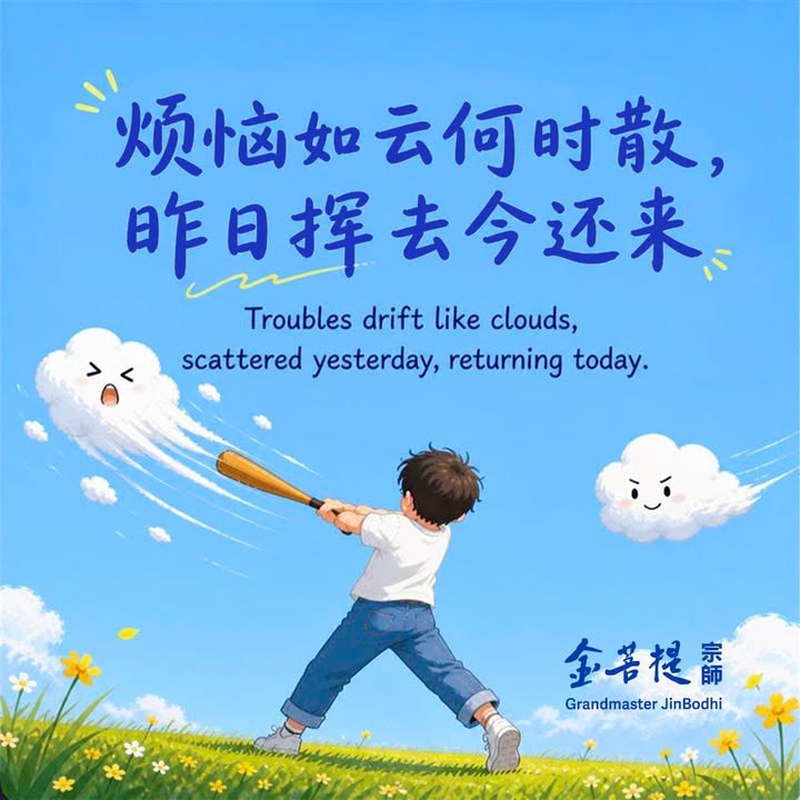 烦恼如云何时散，昨日挥去今还来。 Troubles drift like clouds, scattered yesterday, returning today(金菩提宗師 Facebook)