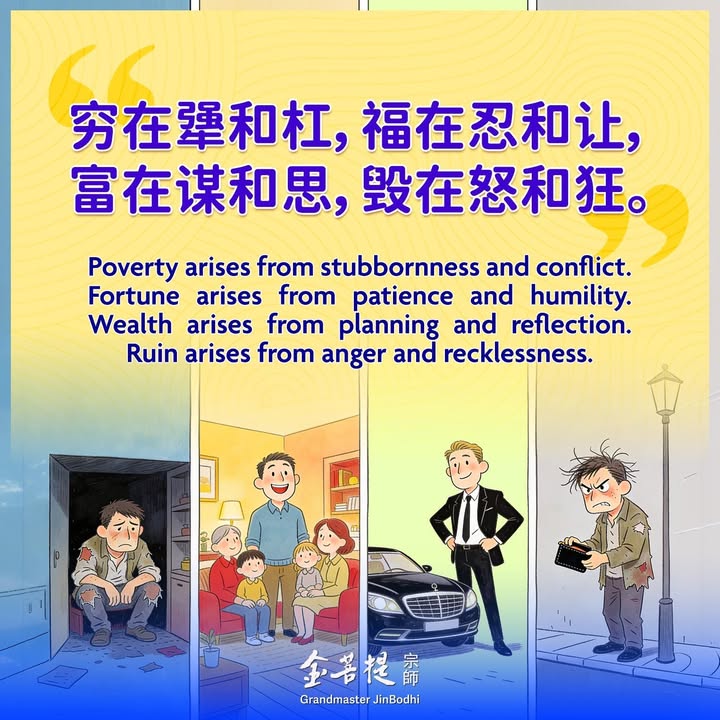 穷在犟和杠，福在忍和让， 富在谋和思，毁在怒和狂。 Poverty arises from stubbornness and conflict(金菩提宗師 Facebook)