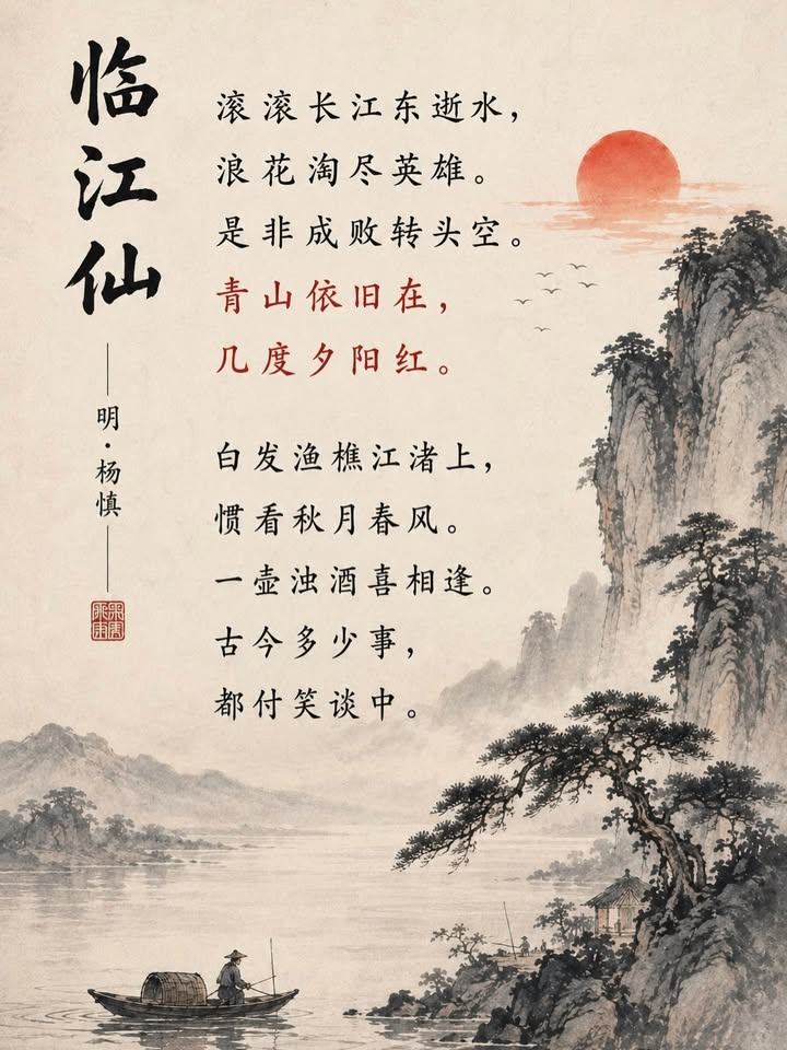 叹息滚滚长流、青山依旧、夕阳复始，无数英雄豪杰、是非成败的转瞬即逝。 江海之上的白发渔翁，看惯了风浪世事变迁，聚首饮酒，将历代兴亡大事化为一曲笑谈，饱经风霜之后的归于平静与淡泊。(金菩提宗師 Facebook)
